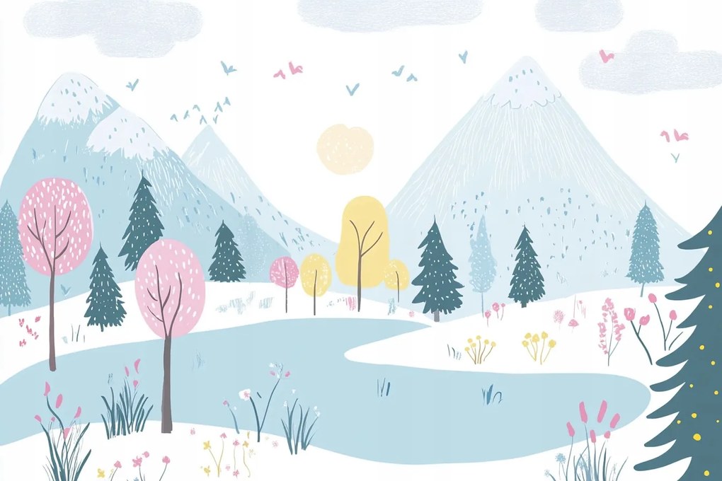 Fotótapéta Flizelina Gyerekek Tájkép Hegyek Fák Tó 104x70,5 ragasztó