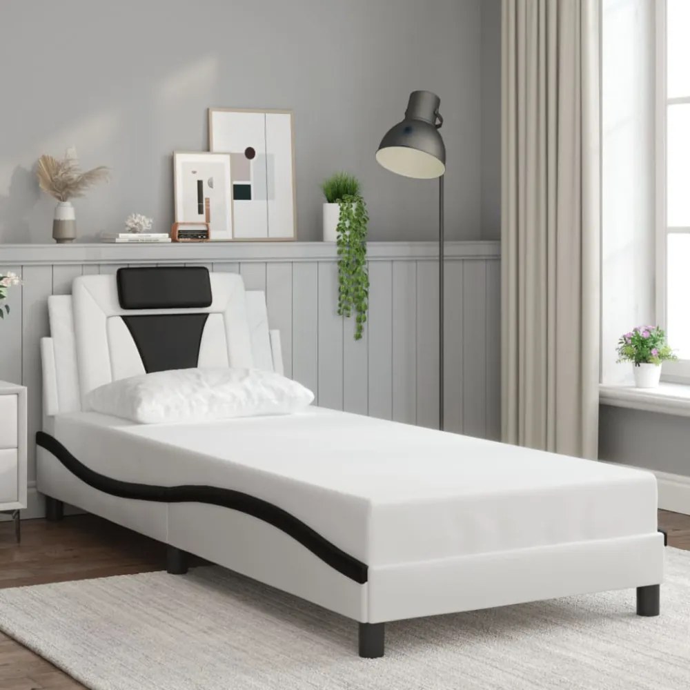 fehér és fekete műbőr ágykeret LED-világítással 90x190 cm