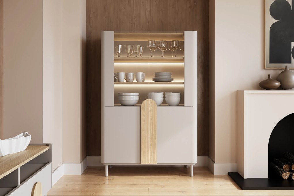 Amilio vitrines szekrény 100 cm kétajtós lábakon - kasmír / olajozott tölgy / világos tölgy fogantyúk