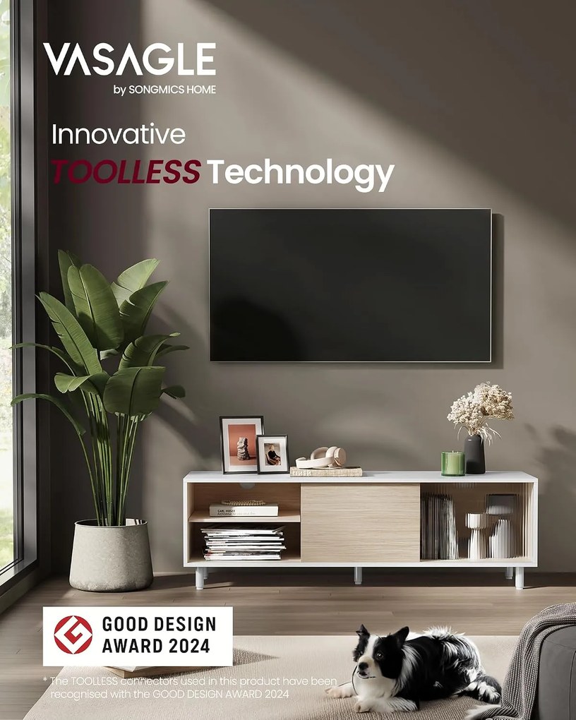 VASAGLE TV-állvány szerszámmentes összeszereléssel (akár 60" TV-hez), 140 x 39 x 45 cm, fehér