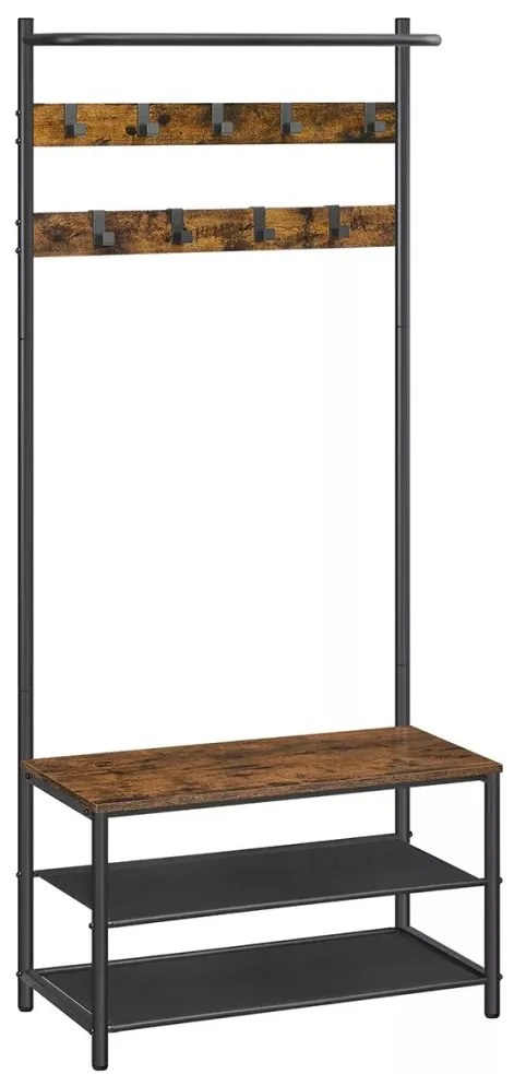 Előszoba fogas, kabáttartó, cipőtároló paddal, rusztikus barna 64x32x180cm