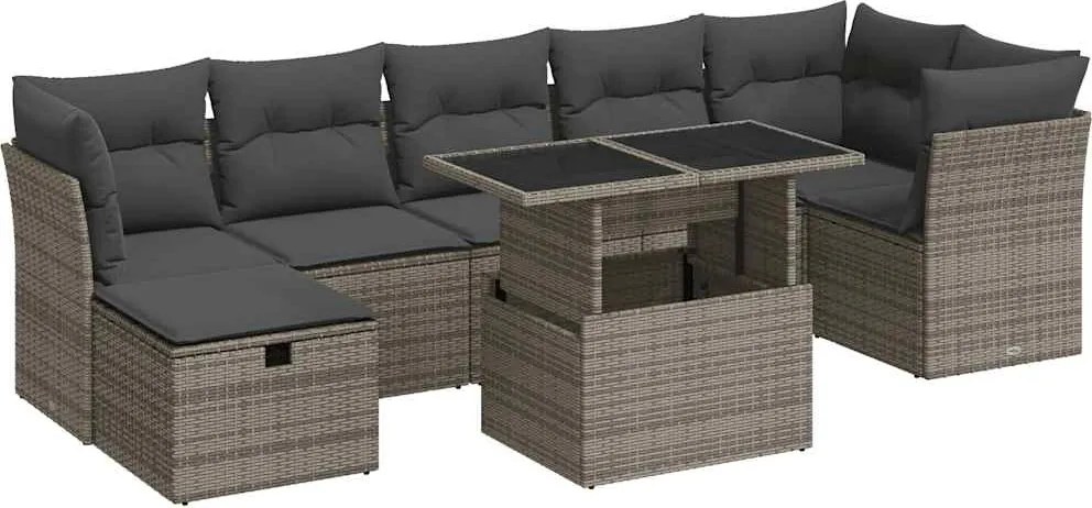 vidaXL 8 részes szürke polyrattan kerti ülőgarnitúra párnákkal