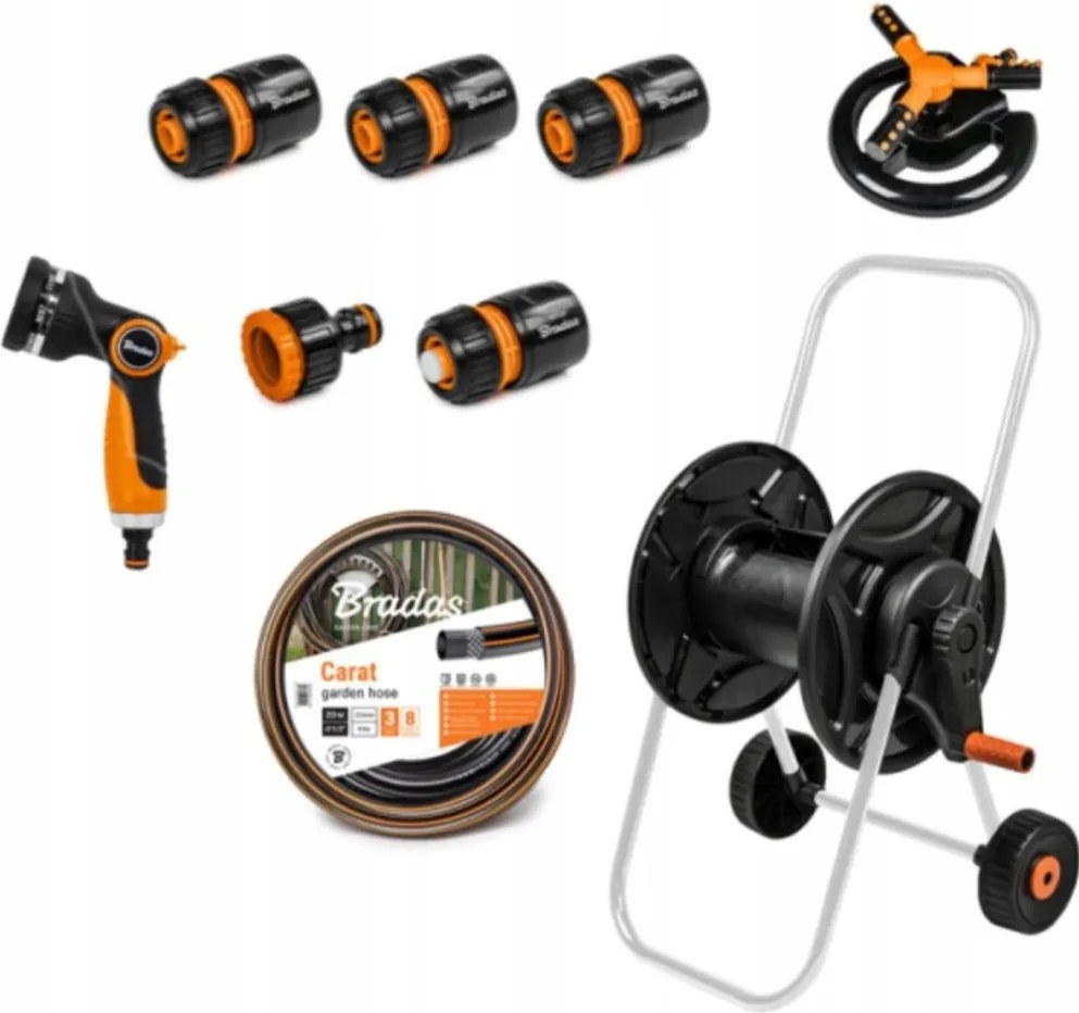 Tömlőkocsi 1/2" 20m pisztolyral, esőztetővel és szerelvényekkel Black Line Bradas