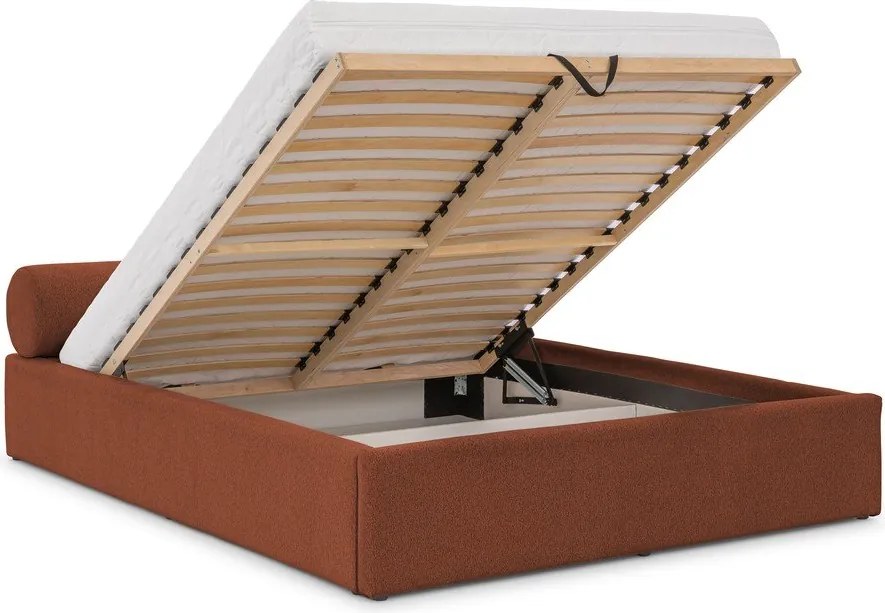 Terrakotta színű kárpitozott ágyneműtartós franciaágy ágyráccsal 140x200 cm Cille – Ropez