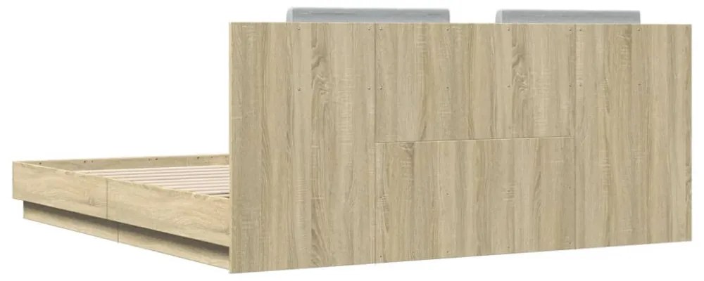 sonoma tölgy színű ágykeret fejtámlával és LED-ekkel 200x200 cm