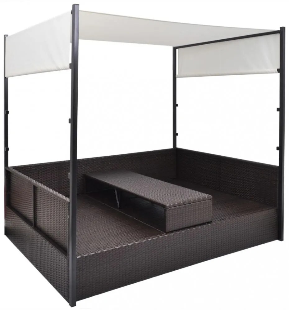 barna polyrattan napellenzős kerti ágy 190 x 130 cm