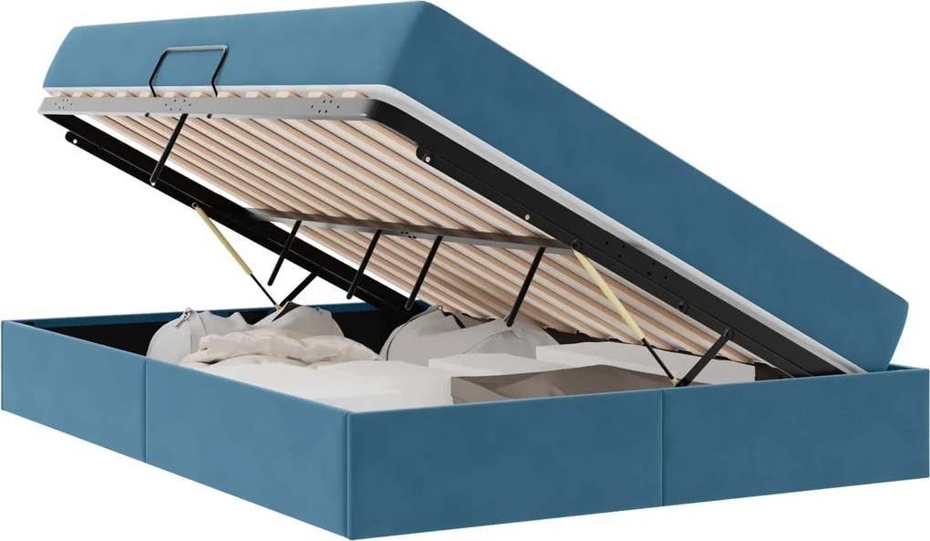 vidaXL Ágy tárolóval és matraccal Sötét kék 140 x 190 cm Bársony