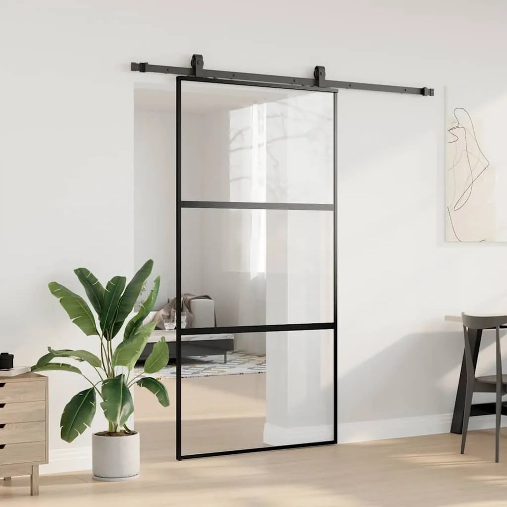 fekete edzett üveg tolóajtó fémszerelék szettel 102,5x205 cm