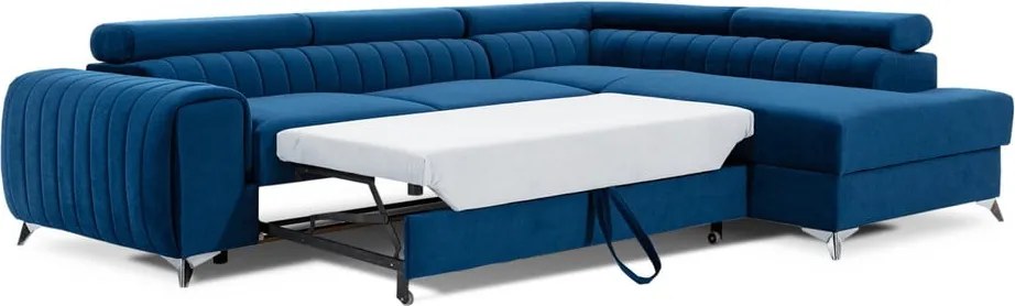 Kék bársony kinyitható-tárolóhelyes sarokkanapé (jobb oldali-L alakú) Laurence – ELTAP