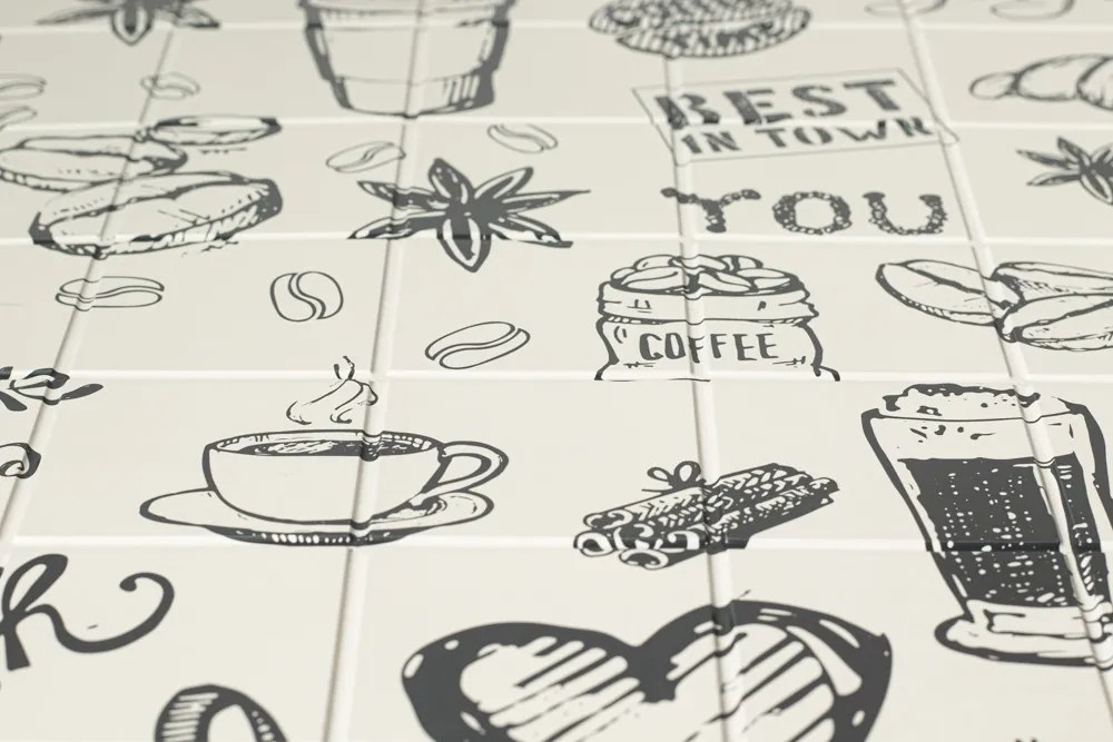 3D PVC falpanel Fekete-fehér rajzos kávé mintás, fényes felülettel.