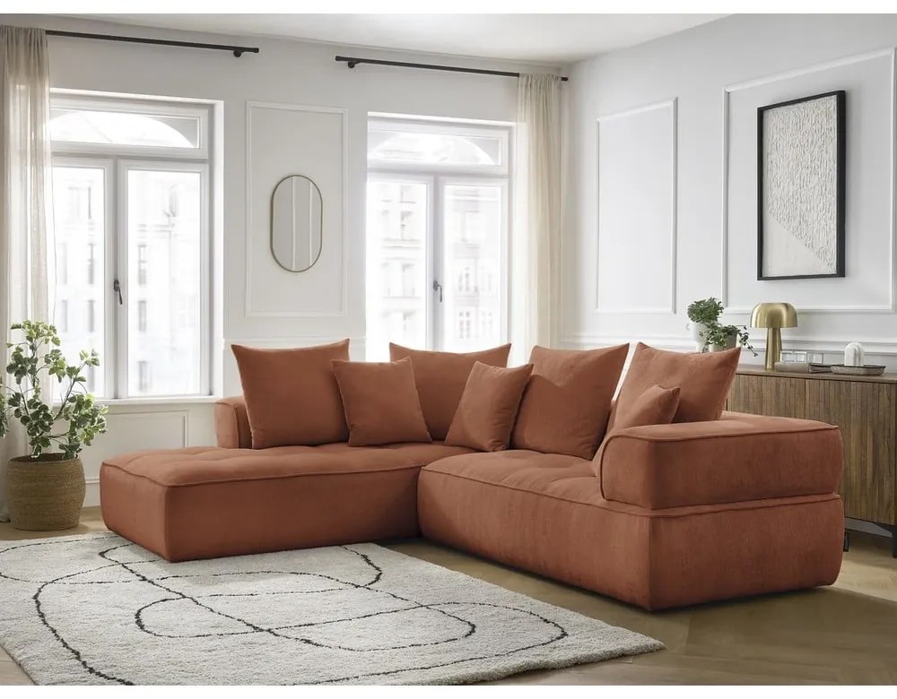 Terrakotta színű zsenília sarokkanapé (bal oldali-L alakú) Whesley – Bobochic Paris