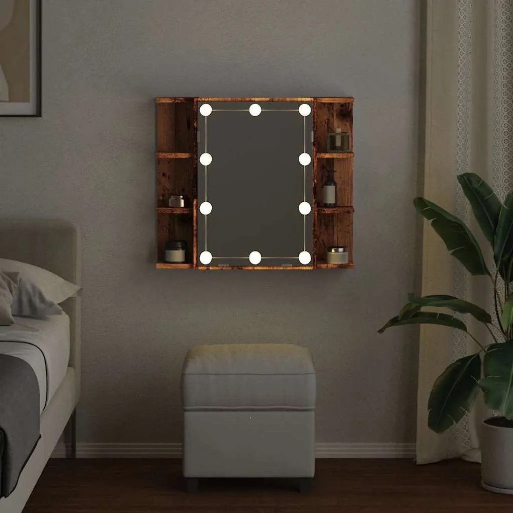antik fa tükrös szekrény LED-ekkel 70 x 16,5 x 60 cm