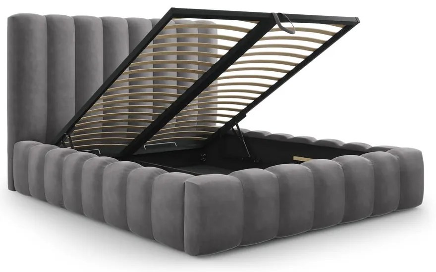 Szürke kárpitozott franciaágy tárolóhellyel, ágyráccsal 200x200 cm Kelp – Micadoni Home