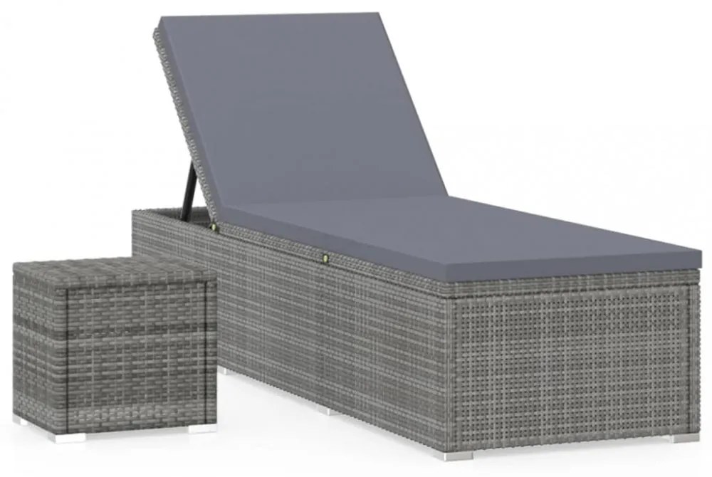szürke polyrattan napozóágy párnával és teázóasztallal