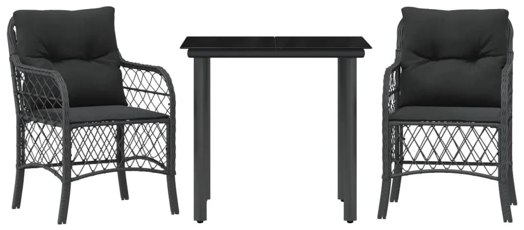 3 részes fekete polyrattan bisztrógarnitúra párnával
