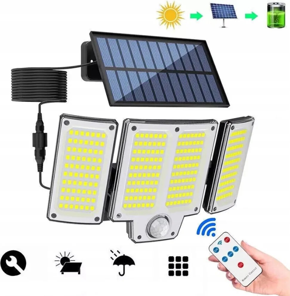 Napelemes Lámpa Halogén Szürkületi Mozgásérzékelő 280 Led Kerti Garázs