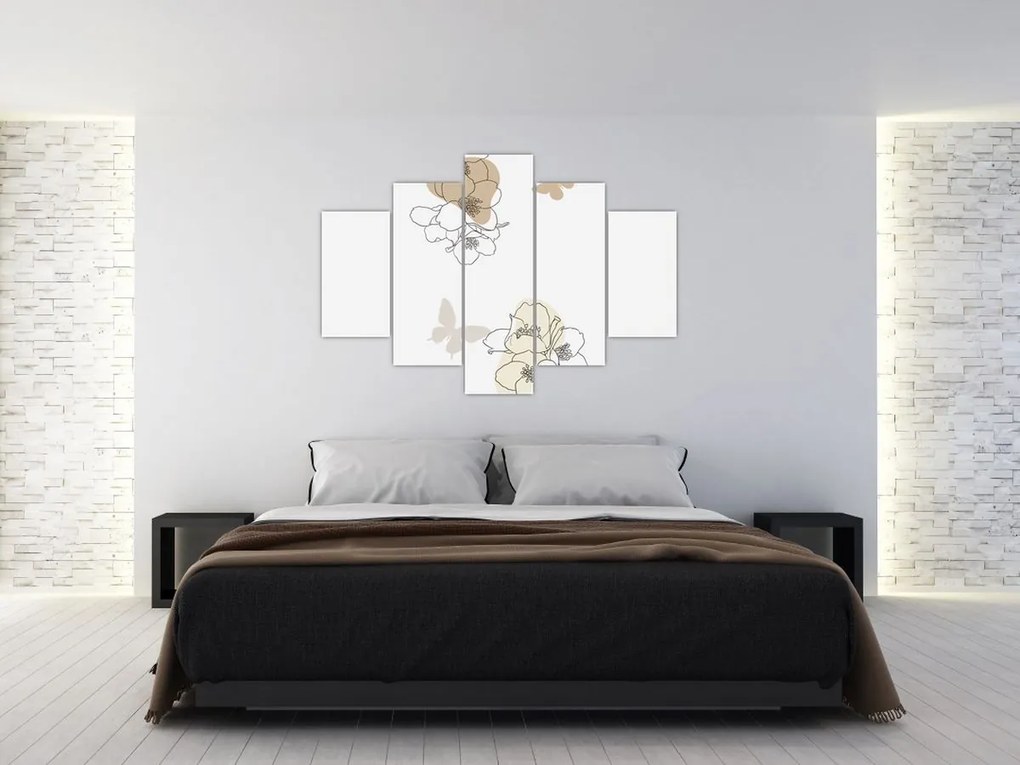 Kép - Bézs virágok pillangóval N⁰2 (150x105 cm)