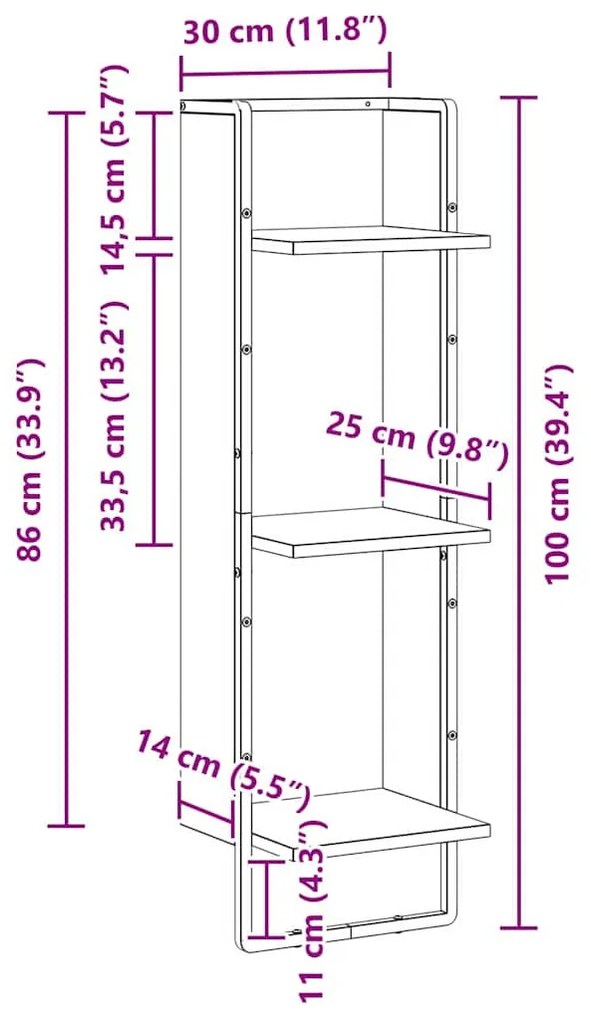 vidaXL Falpolc polcokkal Artisan tölgy 30 x 25 x 100 cm Faanyag