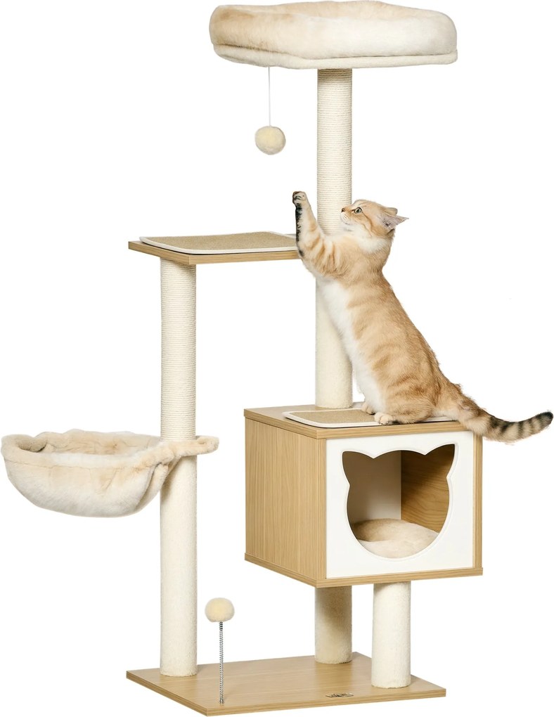 PawHut Macska Kaparófa, 126 cm Magasságú Mászótoronnyal, Hintaágy, Ház, Ágy, Sisal Oszlopokkal és Játék Labdákkal 48x40x126 cm Bézs | Aosom