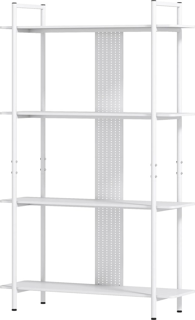 HOMCOM 4-Rétegű Polcos Könyvespolc Lyukacsos Panellel és Fém Vázszerkezettel - Keskeny Polc Nappaliba, Tanulmányba, Hálószobába, Irodába - Fehér | Aos
