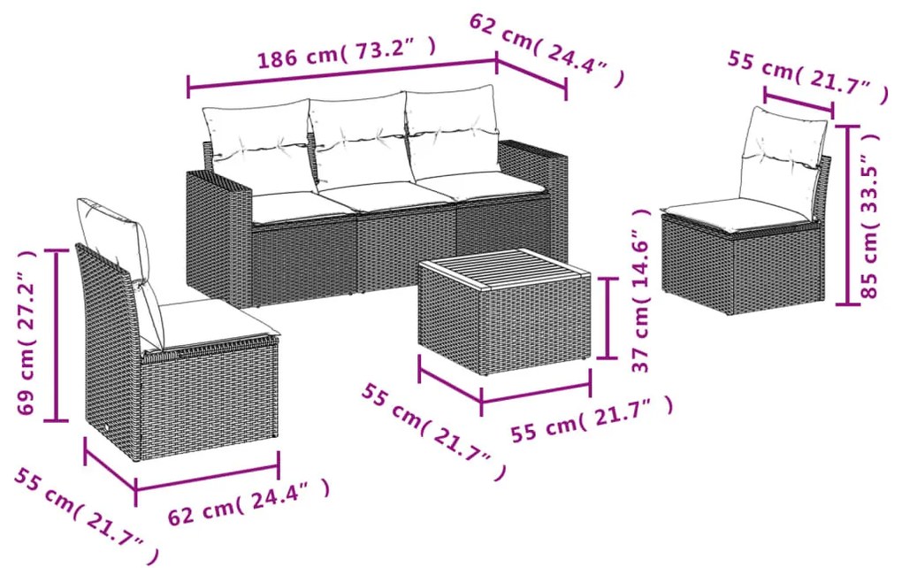 6 részes szürke polyrattan kerti ülőgarnitúra párnákkal