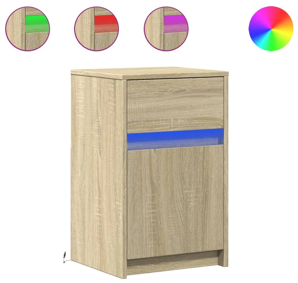 2 db sonoma tölgy színű szerelt fa éjjeliszekrény LED-fényekkel
