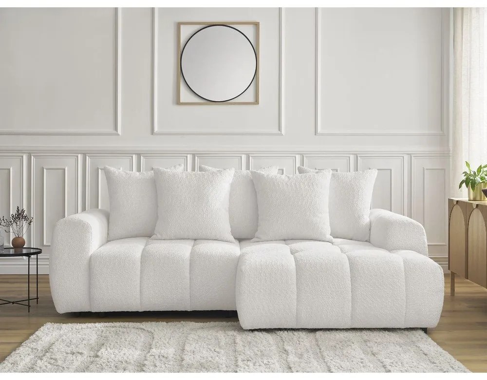 Fehér buklé kinyitható-tárolóhelyes sarokkanapé (jobb oldali-heverő résszel) Roxelane – Bobochic Paris