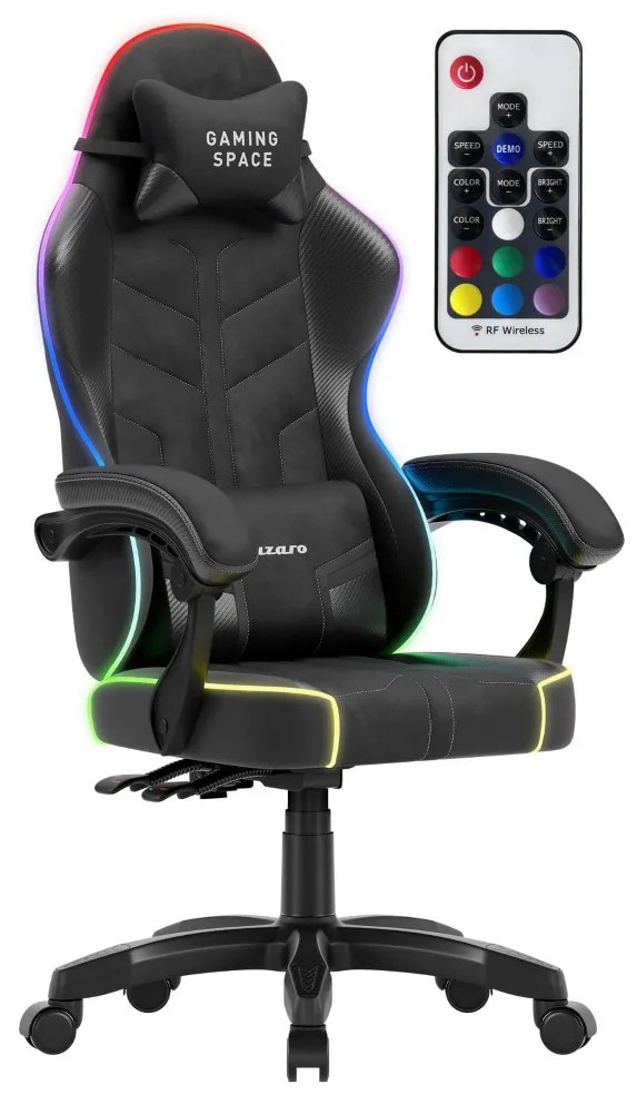Gamer szék, forgó, ergonómikus, RGB világítással, fekete