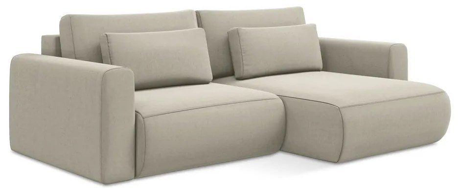 Bézs bársony kinyitható-tárolóhelyes sarokkanapé (jobb oldali-heverő résszel) Kapua – Makamii