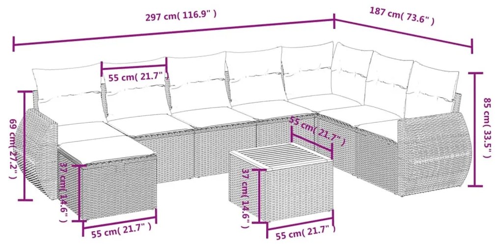 9 részes szürke polyrattan kerti ülőgarnitúra párnákkal