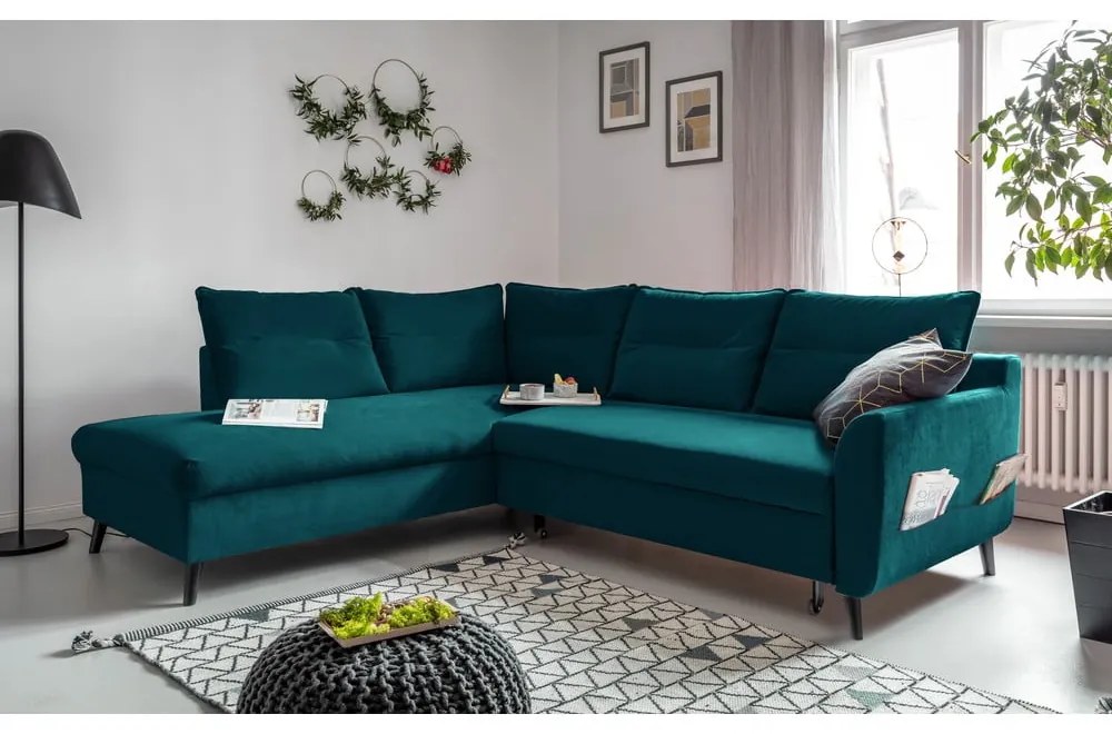 Stylish Stan L türkiz kinyitható bársony sarokkanapé, bal oldali - Miuform