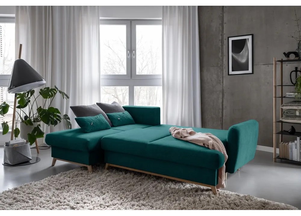 Türkiz kinyitható-tárolóhelyes sarokkanapé (bal oldali-heverő résszel) Scandic Lagom – Miuform