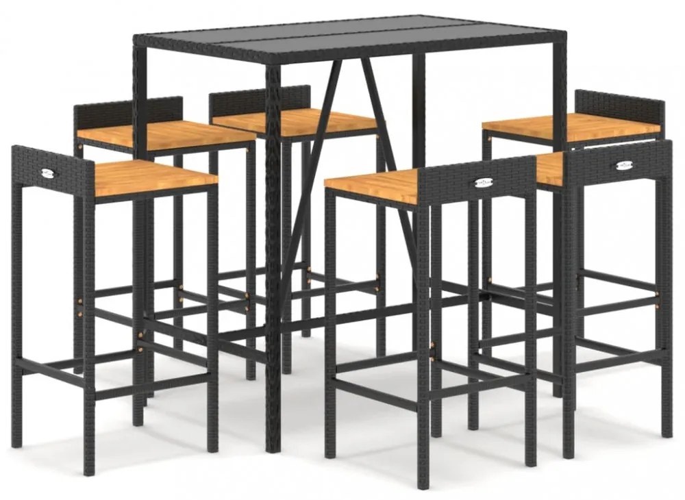 7 részes fekete polyrattan és tömör akácfa kerti bárszett