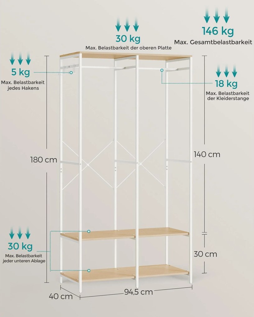 SONGMICS nyitott ruhásszekrény akasztóval és polcokkal, 40 x 94,5 x 180 cm, bézs