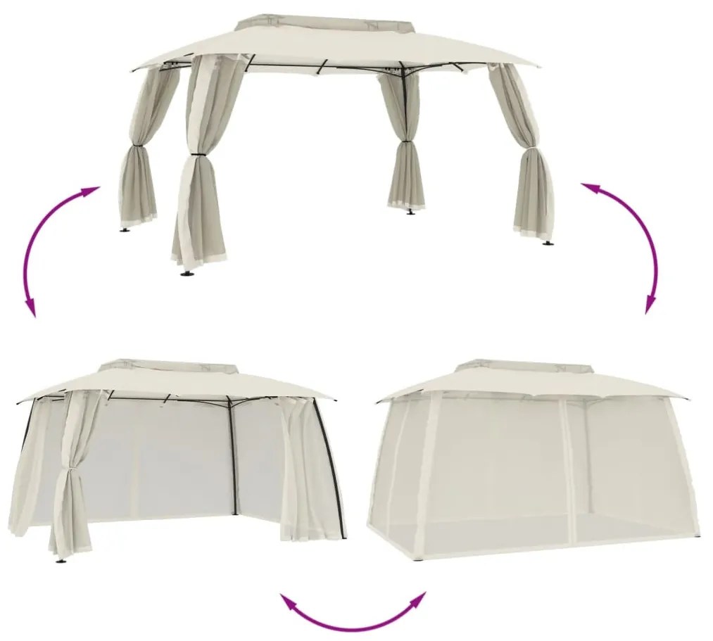 krémszínű acél dupla tetős pavilon hálós falakkal 3,93 x 2,93 m