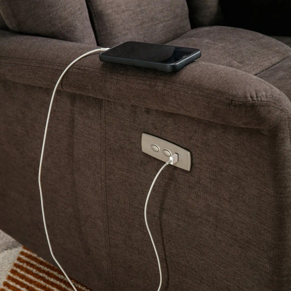 Televizor și fotoliu de relaxare cu comanda electrică, tapițerie din stofa maro