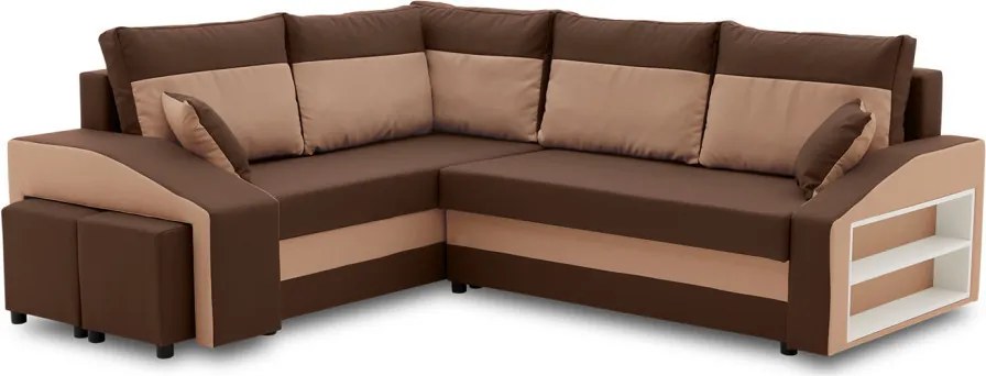 Grande sarokkanapé polcokkal és puffokkal , polc a jobb karfaban puffok a bal karfaban, baloldali, szövet anyag, hab töltet, barna