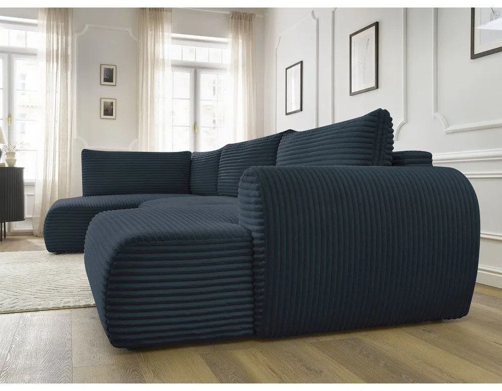 Sötétkék kordbársony kinyitható-tárolóhelyes sarokkanapé (bal oldali-U alakú) Lucien – Bobochic Paris