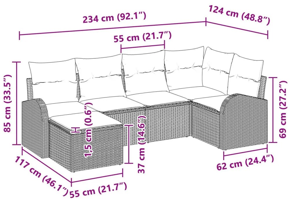 6 db Kert Kanapé Szett Párnákkal Világosszürke Poli Rattan