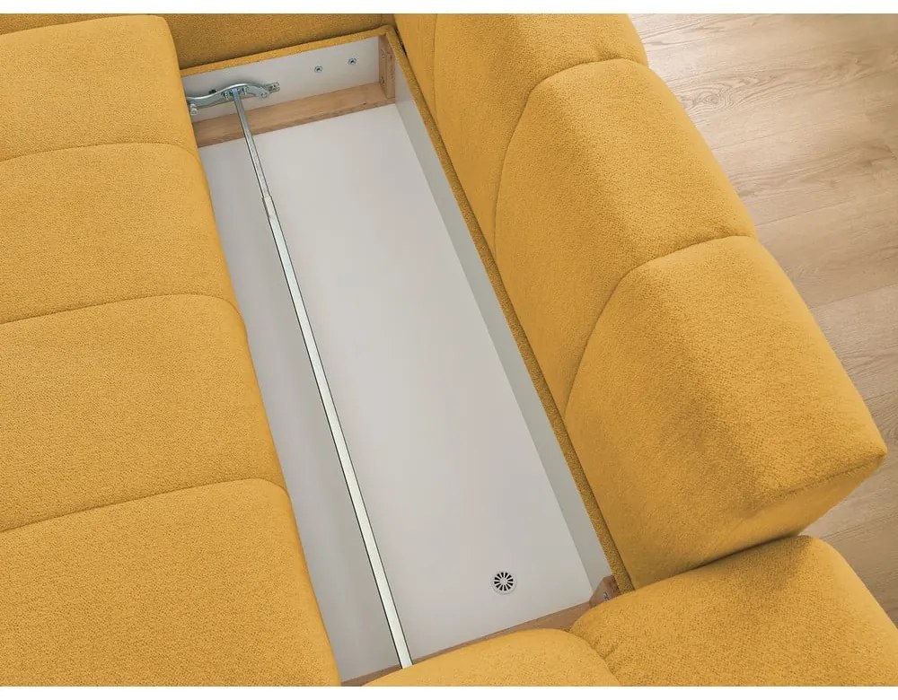 Mustársárga zsenília kinyitható-tárolóhelyes sarokkanapé (bal oldali-heverő résszel) Everest – Bobochic Paris