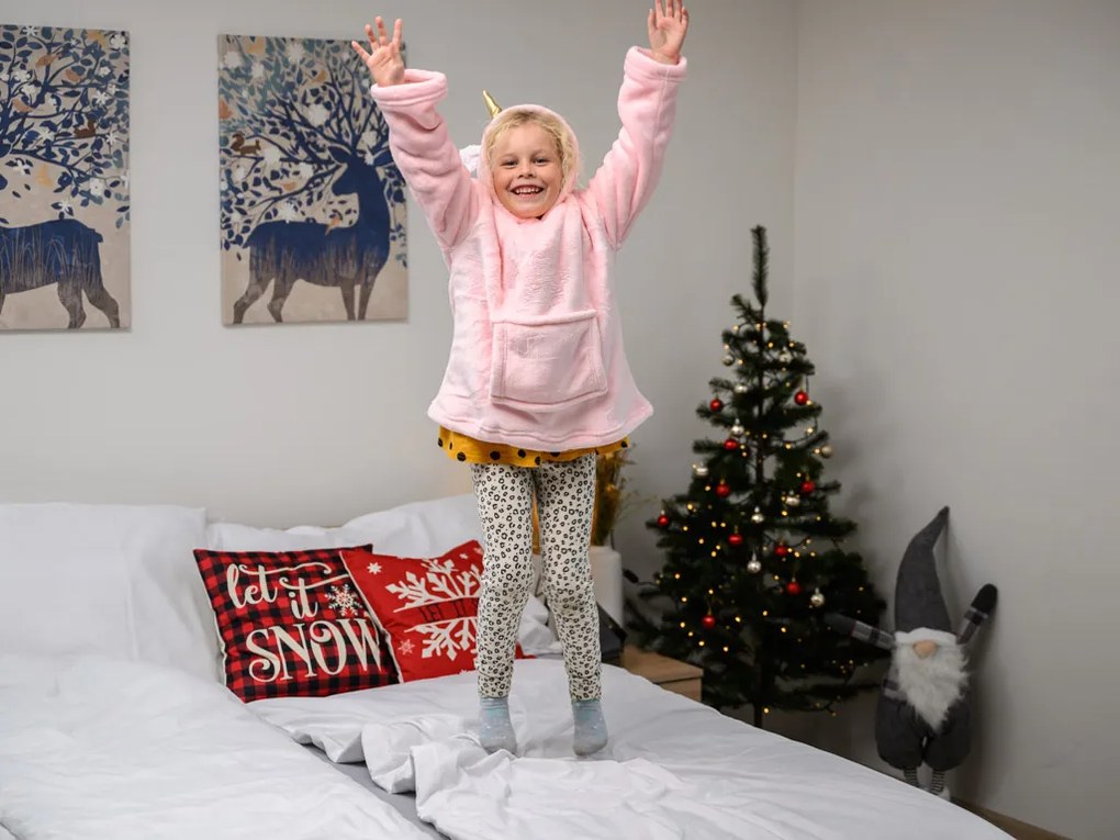 HOODIE UNICORN rózsaszín gyermek ujjas pléd ujjal és kapucnival