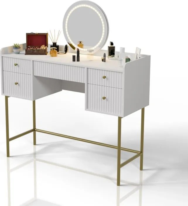 Kozmatikai asztal LED tükörrel 5 fiókkal fehér/arany