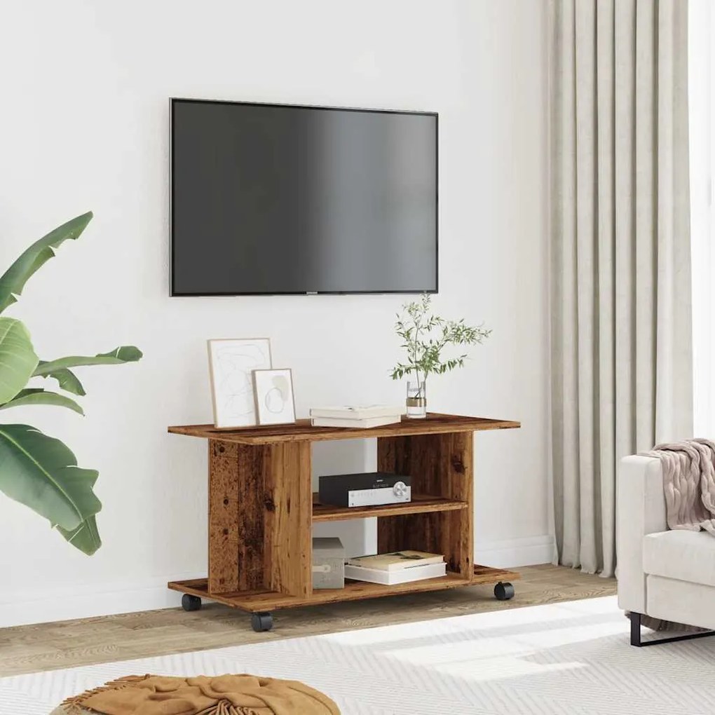 antik fa színű szerelt fa TV-szekrény görgőkkel 80 x 40 x 45 cm