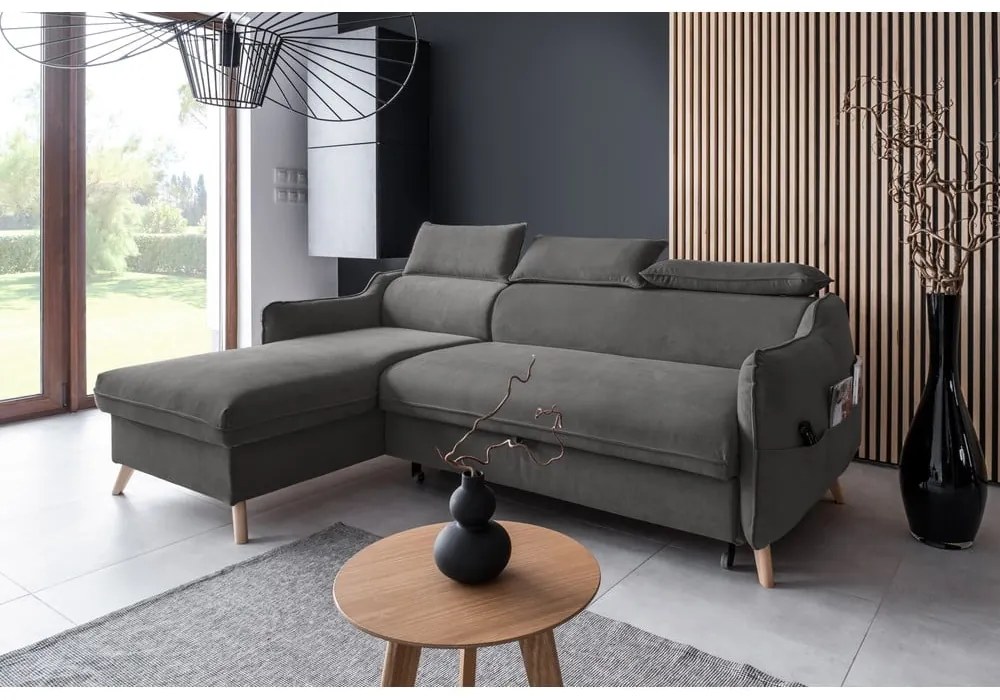 Sötétszürke bársony kinyitható sarokkanapé (bal oldali) Sweet Harmony – Miuform