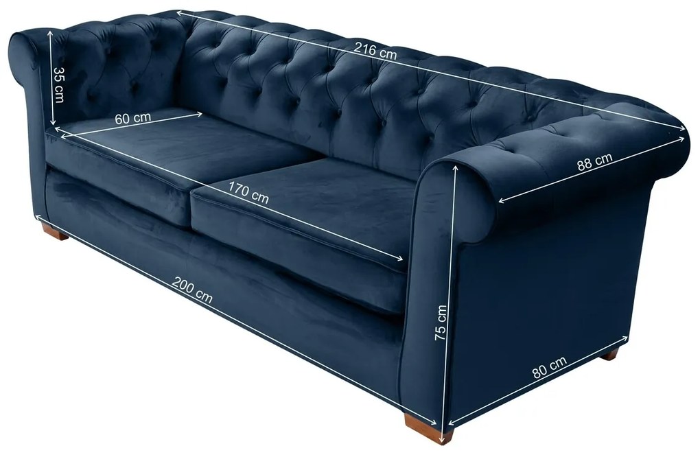 Oxford Chesterfield Kihúzhatós kanapé, 88x216x75 cm, 3 személyes, sötétkék