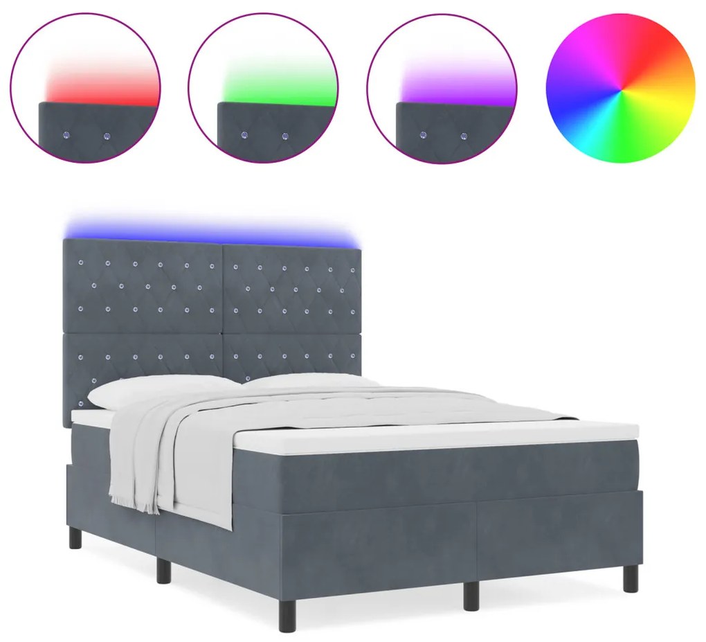 Boxspring Ágy Matrac & LED Sötétszürke 140x200 cm Bársony