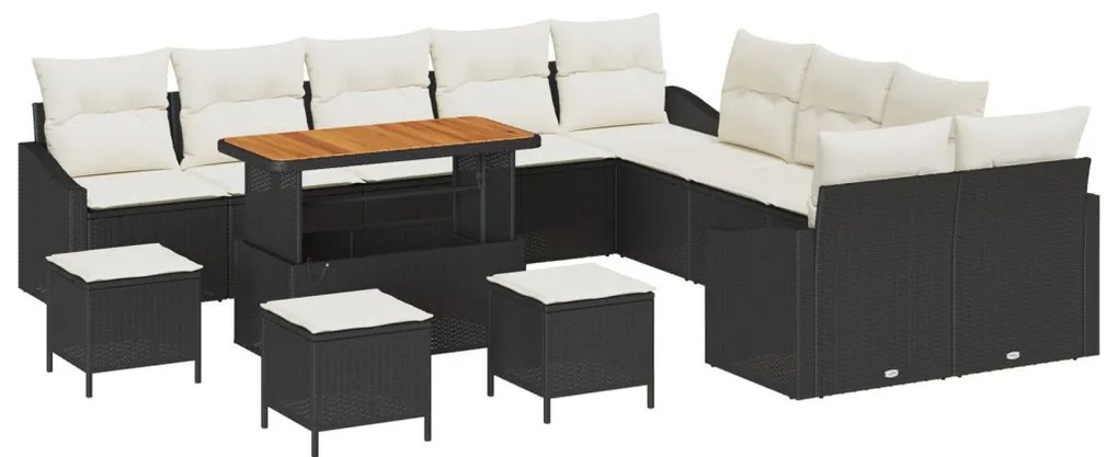 13 részes kertibútor szett párnákkal fekete poli rattan akácia, 2 személyes kertibútor tárolóval és párnákkal fekete poli rattan, 3 részes kertibútor étkező szett párnákkal fekete poli rattan akácia