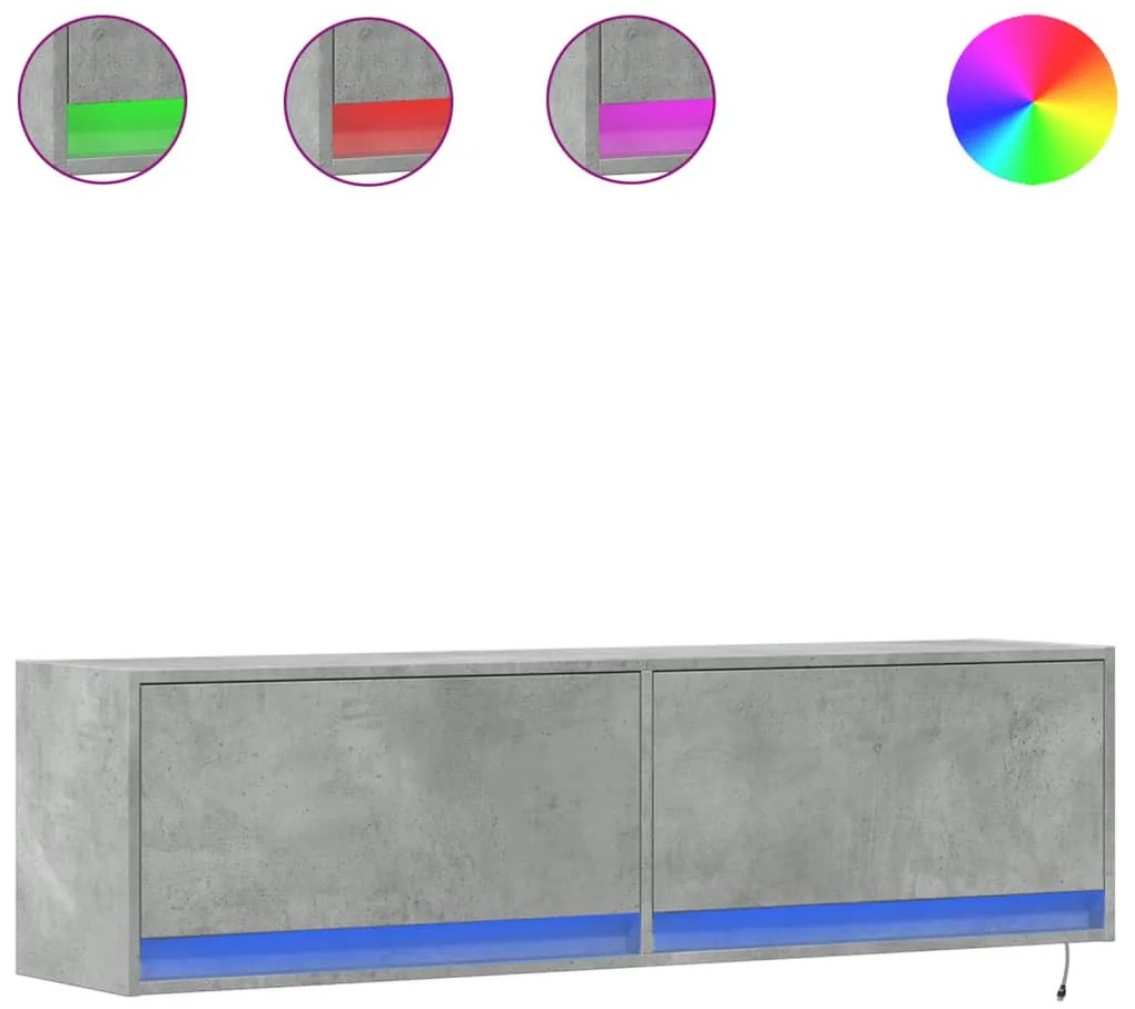 betonszürke falra szerelhető TV-szekrény LED-del 140x31x38 cm