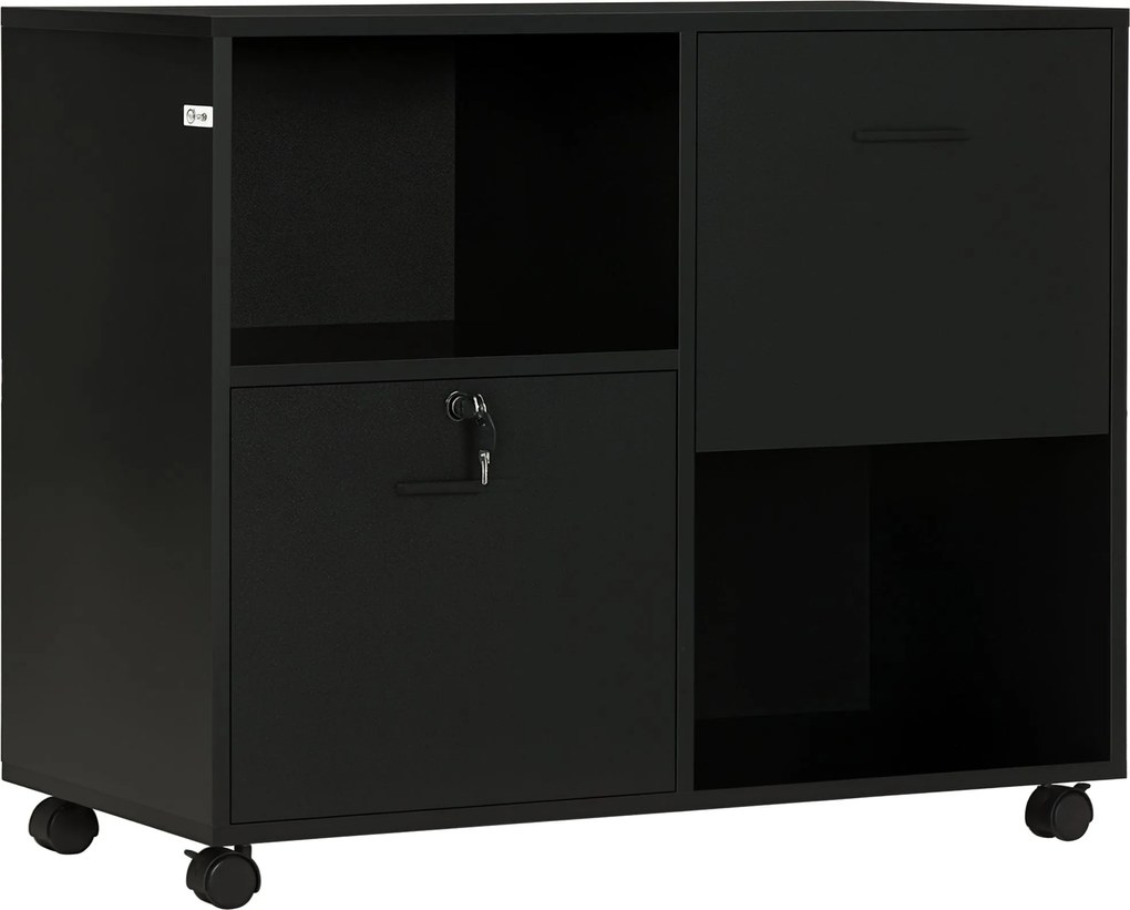 Vinsetto Irodai Fiókos Egység 2 Dokumentum Fiókkal és Nyitott Polcokkal, Forgácslapból, Acélfogantyúkkal, Zárható Kerekekkel, 80x40x66cm, Fekete | Aos