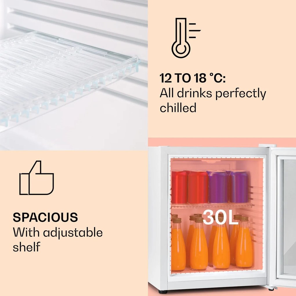 Klarstein Brooklyn 32, mini hűtőszekrény, üvegajtó, LED világítás, polcok